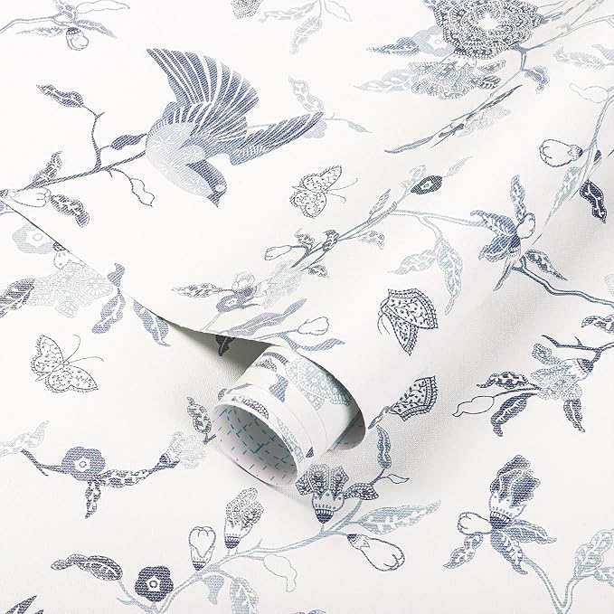 Timeet Peel and Stick Wallpaper Vintage Floral Contact Paper Blue and White - Image 6