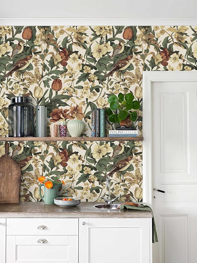 Erfoni 17.3" x 394" Birds Floral Peel and Stick Wallpaper Vintage Contact Paper - Image 4