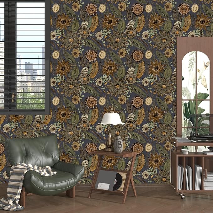 Boho Wallpaper Peel and Stick, Vintage Blue Yellow Floral Contact Paper 17.5" x - Image 2