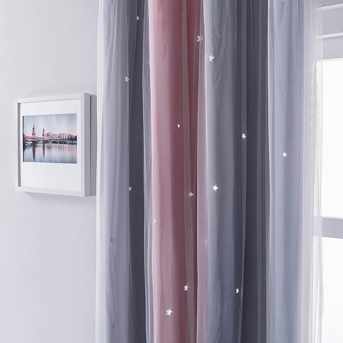 XiDi Curtains for Bedroom Decor, Rainbow Pink-Grey-52-45 - Image 2