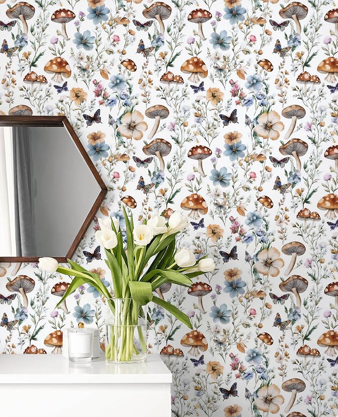 Froluya Mushroom Wallpaper Peel and Stick Vintage Floral Contact Paper 16.9" x - Image 7