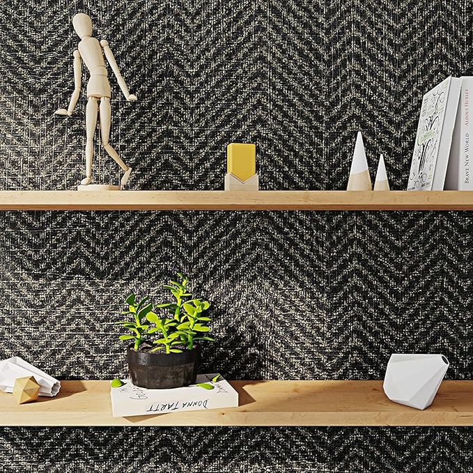 FunStick 15.8"x240" Black and Gold Grasscloth Wallpaper Self Adhesive Fabric - Image 3