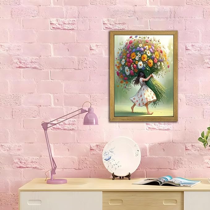 Wood Framed Pink Wildflower Canvas Wall Art, Girl Hugging Flowers Poster Prints - Image 5
