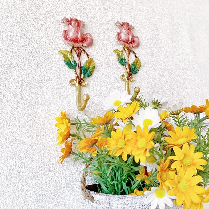 Vintage Rose-Shaped Decorative Wall Hooks, 2 Pack Hand-Painted Floral Metal - Image 5