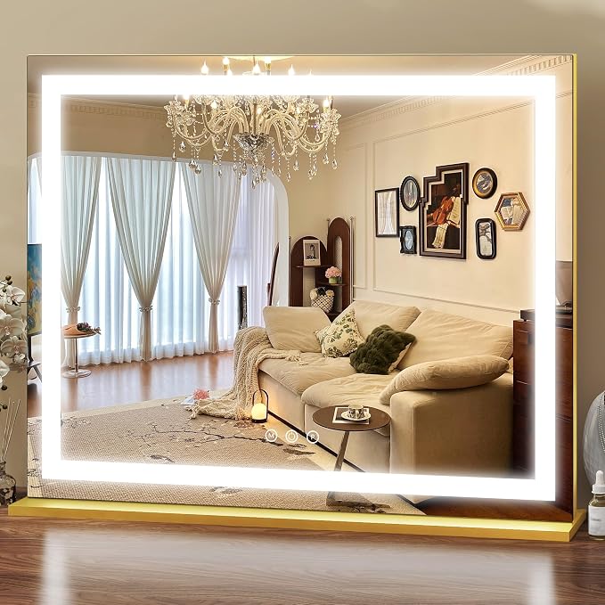 ROLOVE Gold Vanity Mirror with Lights 23x18 Inch, 3-Color Dimmable LED & Touch by ROLOVE
