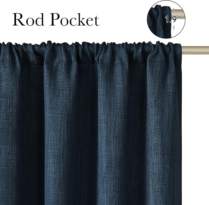 NICETOWN Navy Blue Faux Linen Room Darkening Rod Pocket Curtains 63 inch Length - Image 2