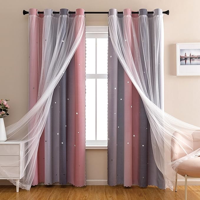 XiDi Pink and Grey Star Blackout Curtains by Addsomecolortolife