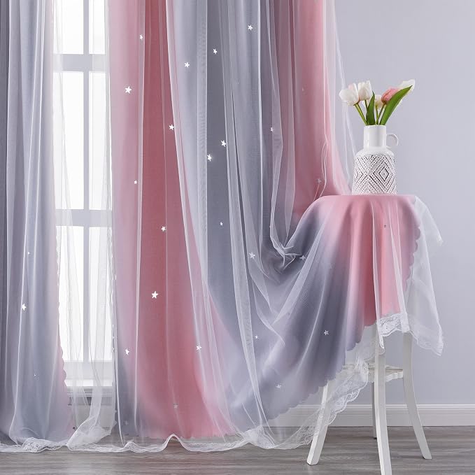 XiDi Curtains for Bedroom Decor, Rainbow Pink-Grey-34-45 - Image 3