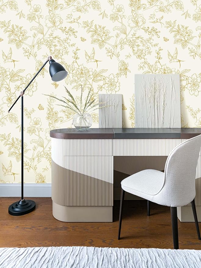 Froluya Cream White and Gold Floral Wallpaper Peel and Stick Wallpaper - Image 8