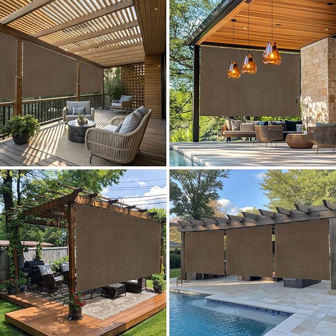 8'W x 8'H Mocha Patio Shades Roll up Outdoor Roller Shade Crank Wand Blind - Image 5
