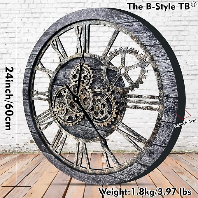 The B-Style Large Wall Clock 24 inch Moving Gear Wall Clock Oversized Vintage - Image 2