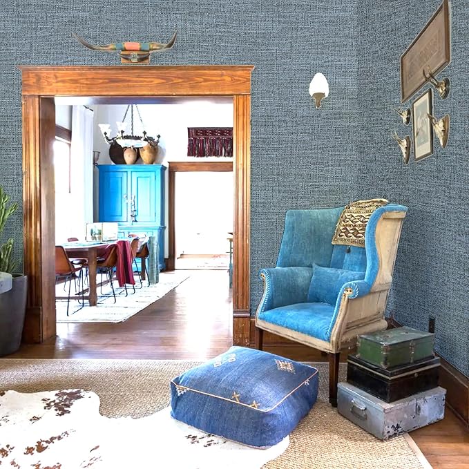 Amiya Grasscloth Wallpaper Blue Peel and Stick Faux Fabric Linen Contact Paper - Image 3