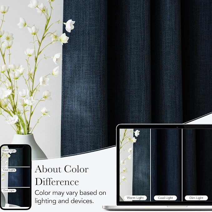 NICETOWN Navy Blue Faux Linen Room Darkening Rod Pocket Curtains 63 inch Length - Image 5