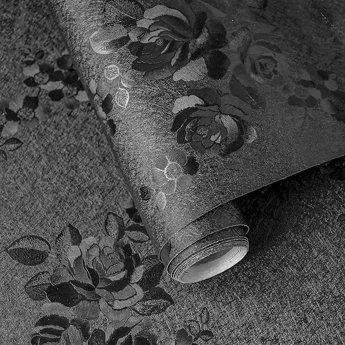 Black Peel and Stick Wallpaper Silk Embossed Floral Contact Paper by VisitTheLativo