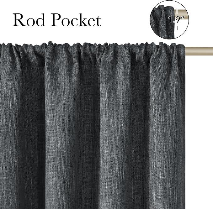 NICETOWN Charcoal Gray Faux Linen Room Darkening Rod Pocket Curtains 63 inch - Image 2