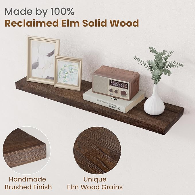 Floating Shelves for Wall Decor, 8 Inch Deep Rustic Solid Elm Wood Floating - Image 3