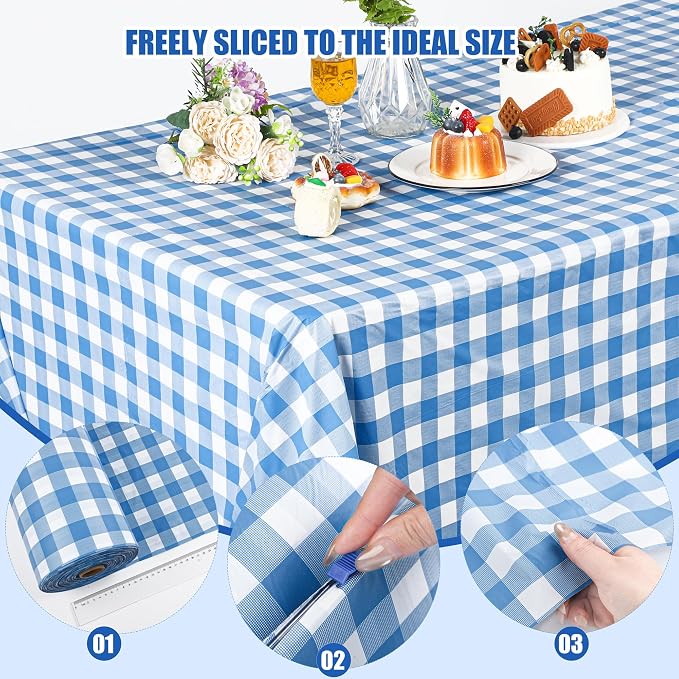 Kochorie 54 Inch x 300 Ft Light Blue Checkered Plastic Table Cloth Roll - Image 4
