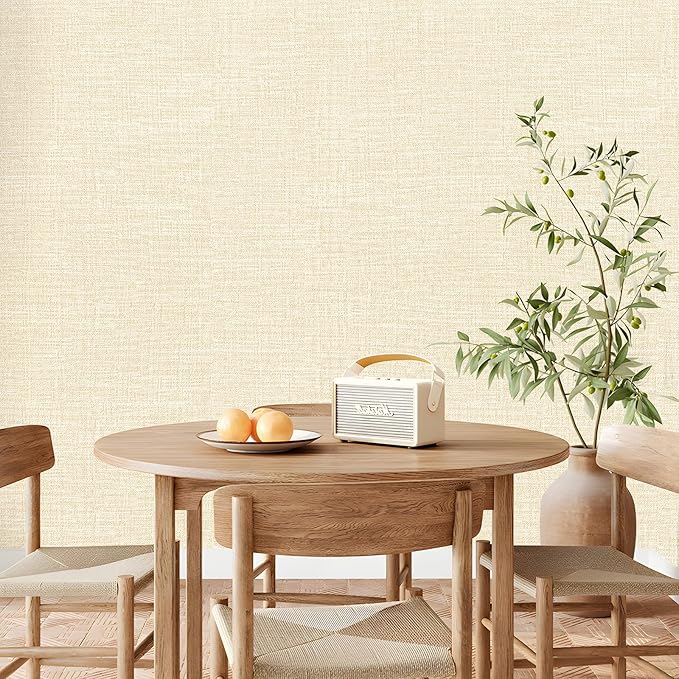 Amiya Grasscloth Cream Wallpaper Peel and Stick Beige Faux Fabric Linen Contact - Image 4