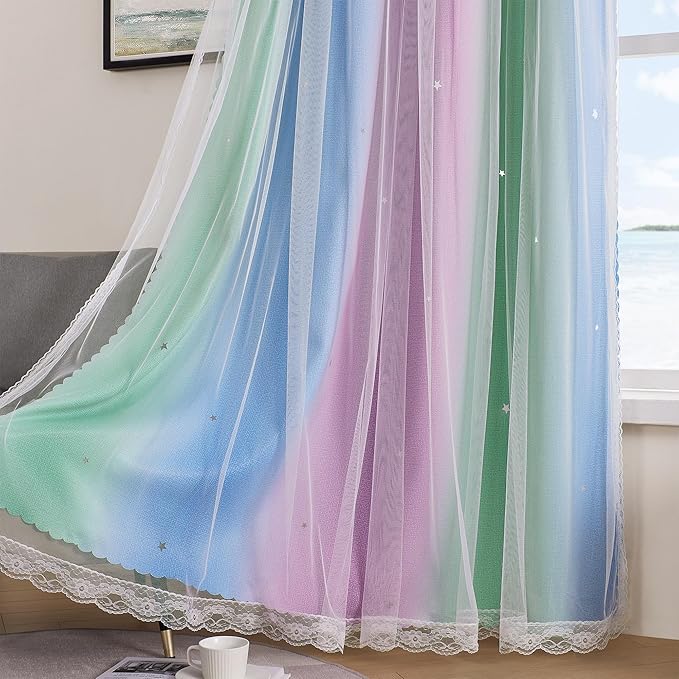XiDi Curtains for Bedroom Decor, Rainbow Green PurpleBlue34/45/1 - Image 3
