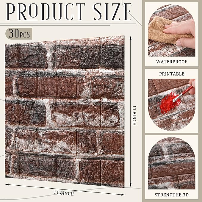 Tinlade 30 Pcs 28.81 Sq ft 3D Wall Panels Peel and Stick Foam Brick Wallpaper - Image 2