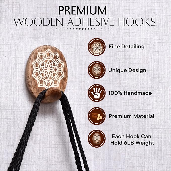 Indian Shelf 6 Lb- 3 Pieces Decorative Wood Adhesive Wall Hooks–Boho Peel and - Image 4
