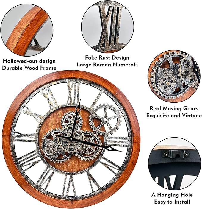 The B-Style Large Wall Clock 24 inch Moving Gear Wall Clock Oversized Vintage - Image 5