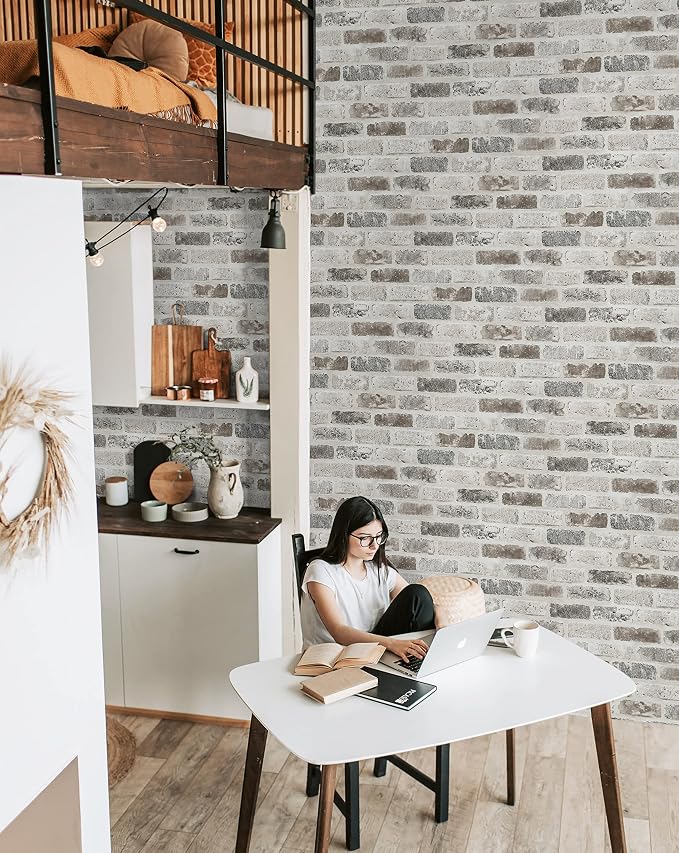 Guvana 17.3"×394" Brick Wallpaper Grey and Brown Self Adhesive Wallpaper 3D - Image 5