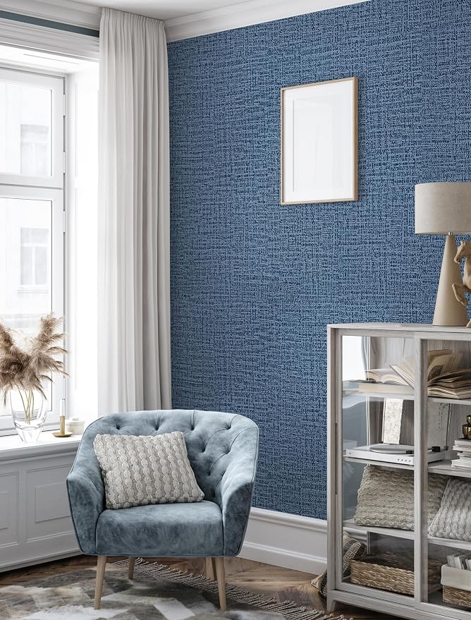 Blue Wallpaper Grasscloth Peel and Stick Wallpaper 17.7inch x 393.7inch - Image 7