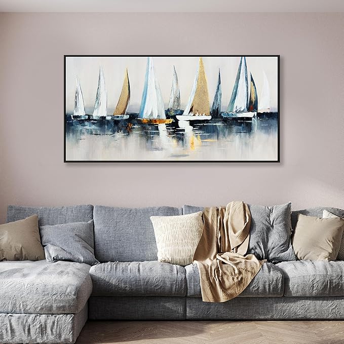 Abstract Wall Art Blue and White Sailboat Wall Paintings Framed Artwork - Image 3