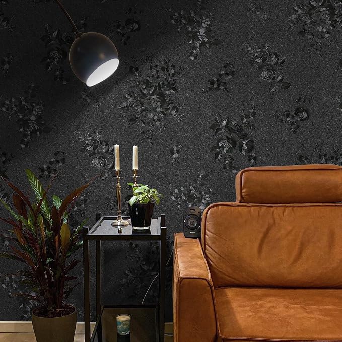 Black Peel and Stick Wallpaper 118inL 17.7inW Black Silk Embossed Floral - Image 5