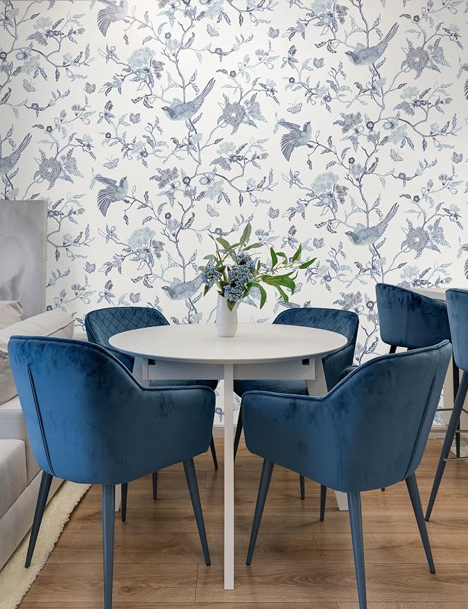 Timeet Peel and Stick Wallpaper Vintage Floral Contact Paper Blue and White - Image 7