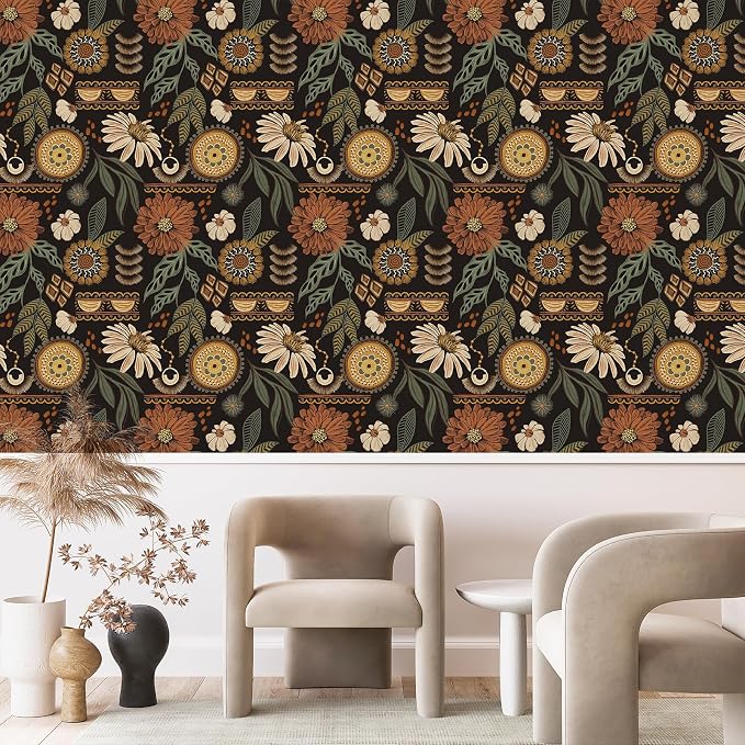 Simon&Siff Boho Peel and Stick Wallpaper, 17.3" x 480" Sun Floral Retro Contact - Image 5