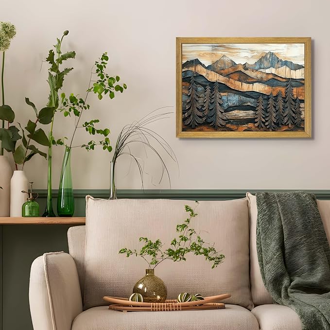 Vintage Boho Mountain Wall Art, Framed Landscape Canvas Wall Art, Nature Forest - Image 6
