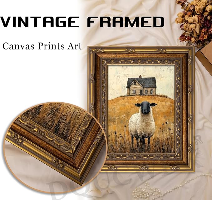 Vintage Gold Framed Wall Art Retro Country Sheep Oil Painting Canvas Prints - Image 3