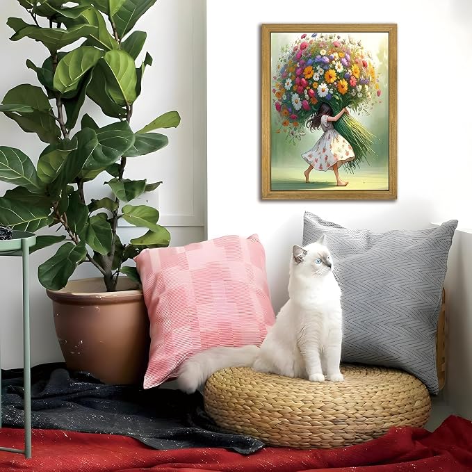 Wood Framed Pink Wildflower Canvas Wall Art, Girl Hugging Flowers Poster Prints - Image 8