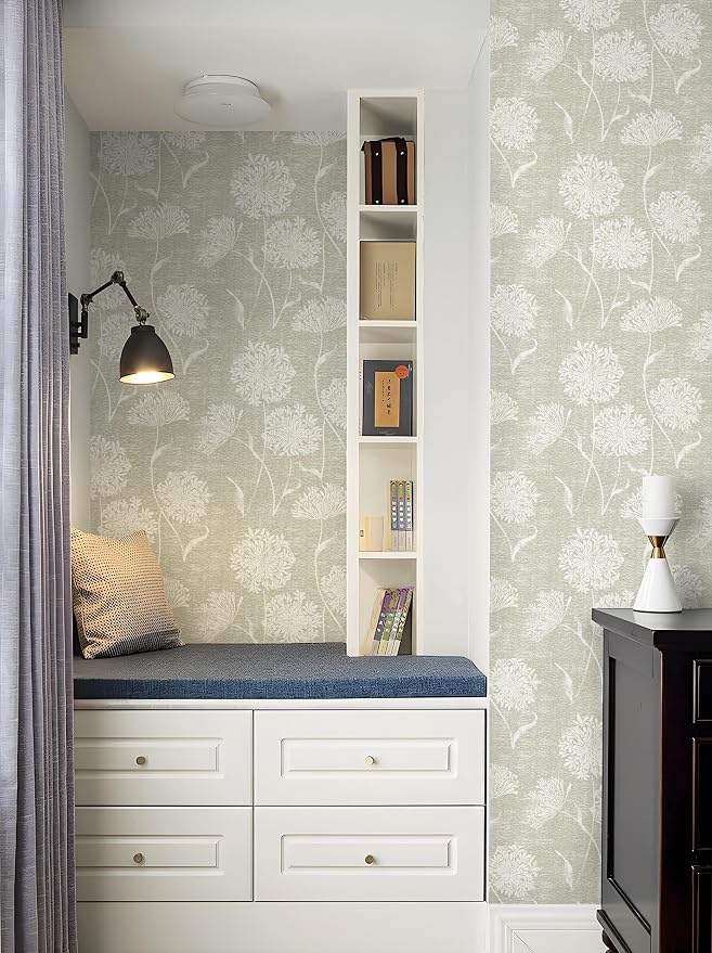 Safiyya Peel and Stick Wallpaper Floral Contact Paper Beige Grasscloth Wall - Image 2