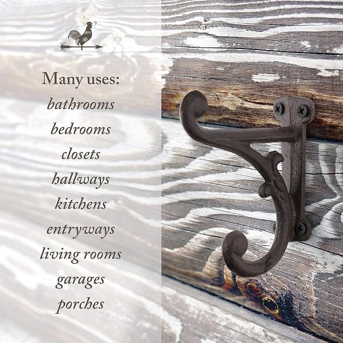 Rustic Cast Iron Coat Hooks Rustic Dark Brown, Wall Mounted, Farmhouse - Image 8