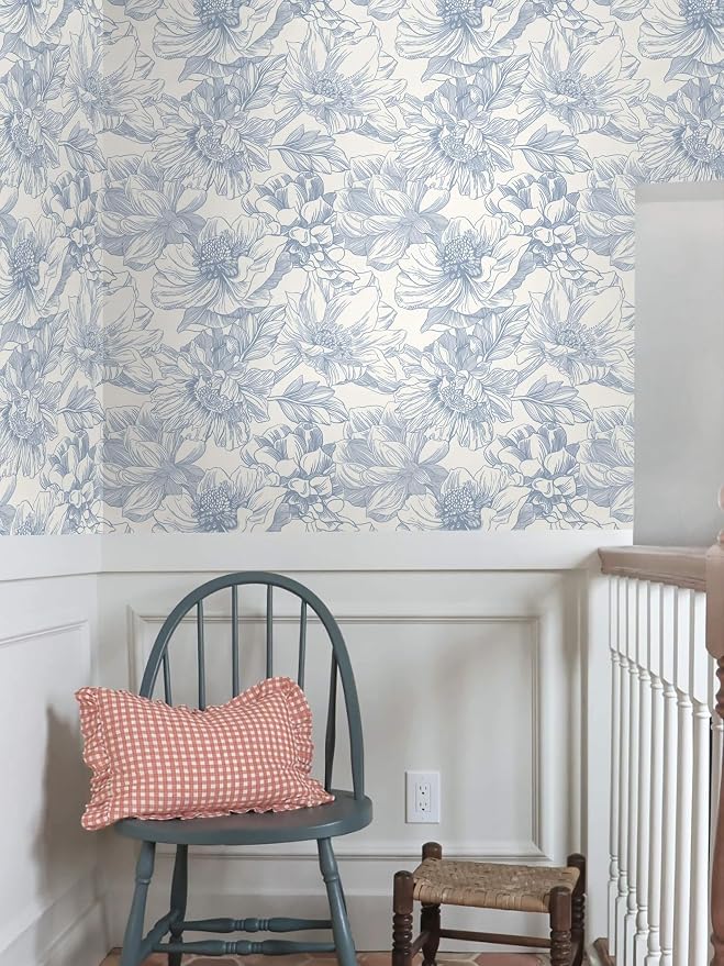 Ismoon Vintage Floral Wallpaper Peel and Stick Beige and Blue Contact Paper - Image 9