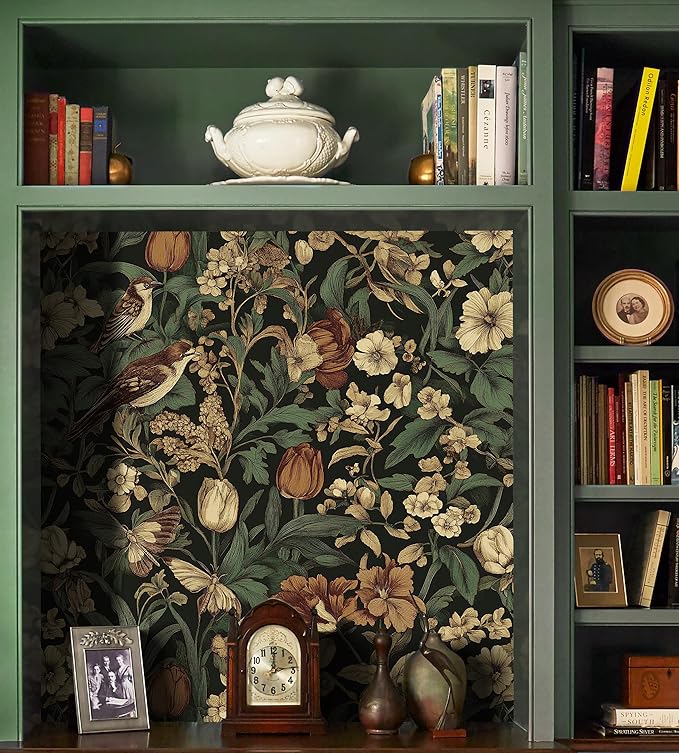 Erfoni 17.3" x118" Vintage Floral Peel and Stick Wallpaper Dark Floral and Bird - Image 3