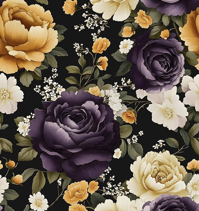Floral Black Vintage Wallpaper Peel and Stick Dark Purple Beige Peony Contact by Laatse