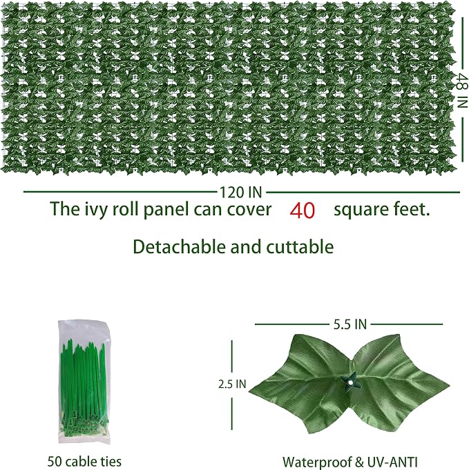 ODTORY Artificial Ivy Privacy Fence Wall Screen, 48x120 in UV-Anti Faux - Image 2