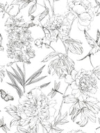 JiffDiff White and Black Wallpaper Peel and Stick Sketched Peony Floral - Image 2