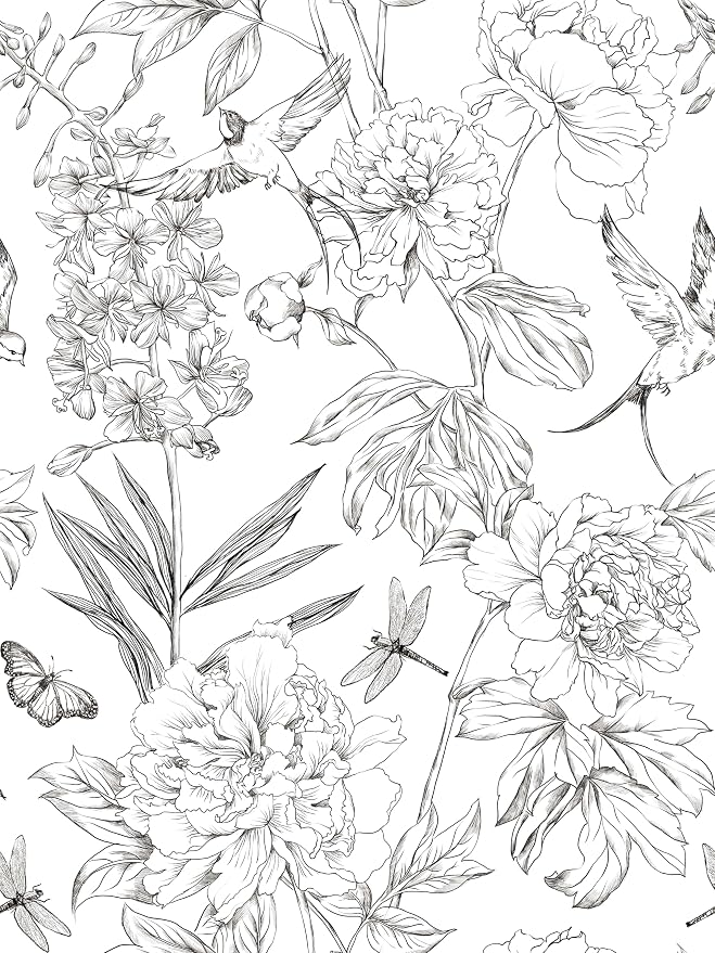 JiffDiff White and Black Wallpaper Peel and Stick Sketched Peony Floral - Image 2