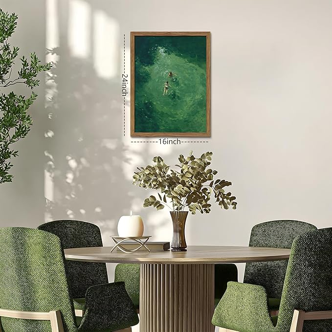 Framed Green Abstract Wall Art, Vintage Summer Swimming Canvas Wall Decor - Image 3