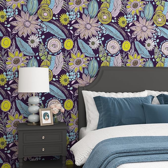Purple Boho Wallpaper Peel and Stick, Vintage Yellow Floral Contact Paper 17.5" - Image 2
