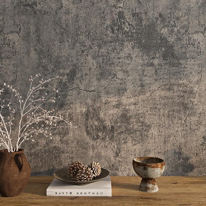 Livelynine 15.8x394 Peel and Stick Wallpaper Concrete Look Brown Masculine Dark by Livelynine