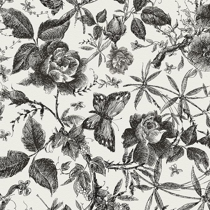 JiffDiff Floral Vintage Wallpaper Peel and Stick Wall Stick Black and White by wallpaper