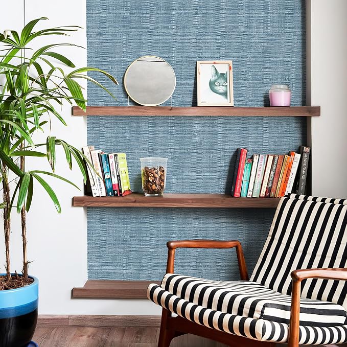 JiffDiff Grasscloth Wallpaper Peel and Stick 1181" x 17.3" Blue Cream - Image 2