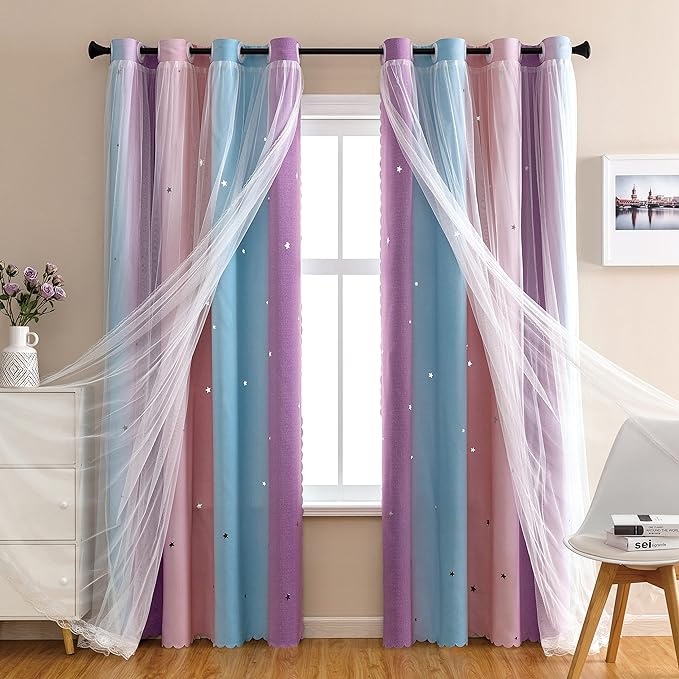 XiDi Pink & Purple Curtains, Unicorn Wall Decals by Addsomecolortolife