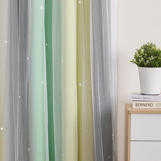 XiDi Curtains for Bedroom Decor, Rainbow GreenYellowGrey34/54/1 - Image 3